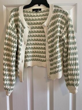 Sage Green and cream Striped Open-Knit Cardigan